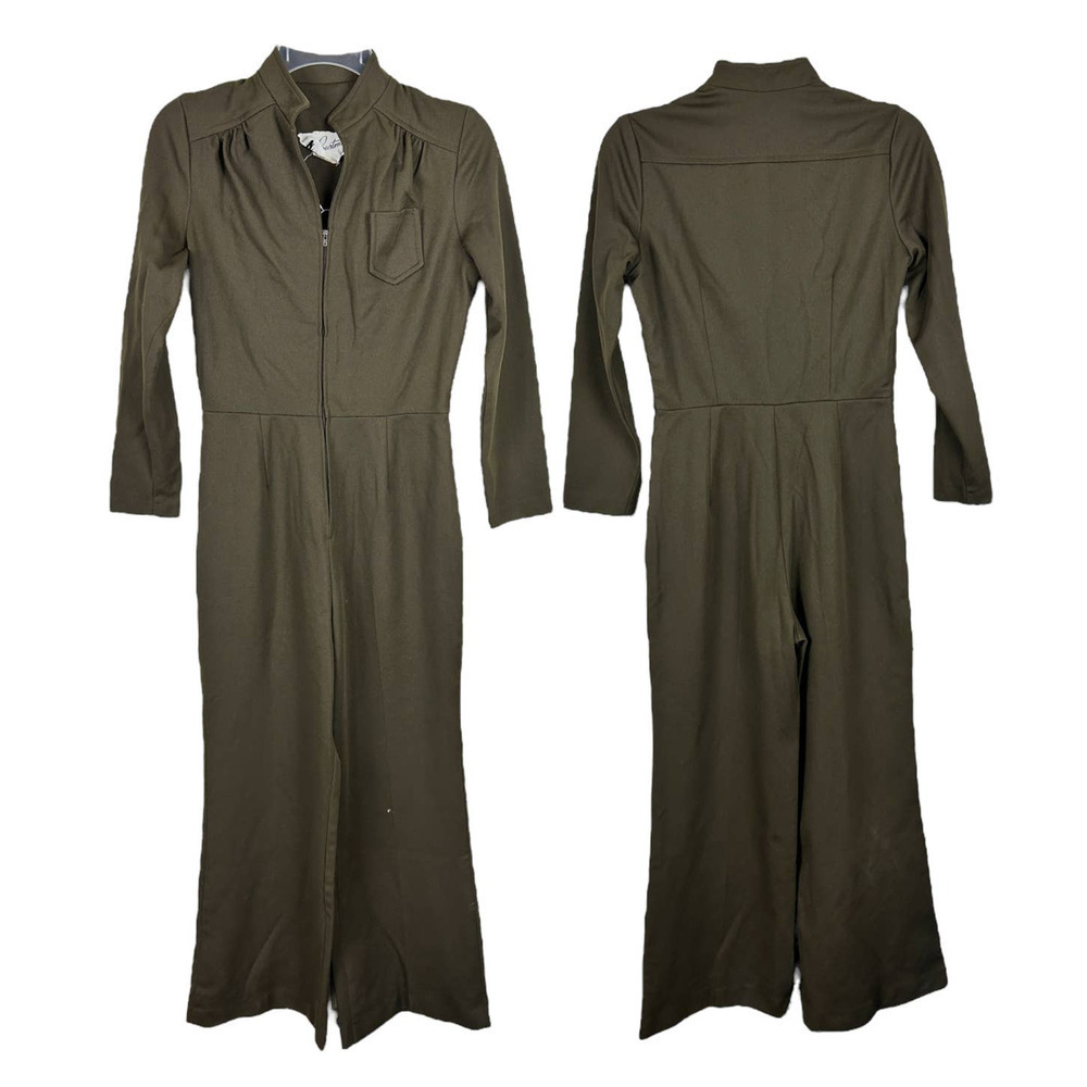 Vintage 1970s Forest Green High Waisted Flare One Piece Jumpsuit S